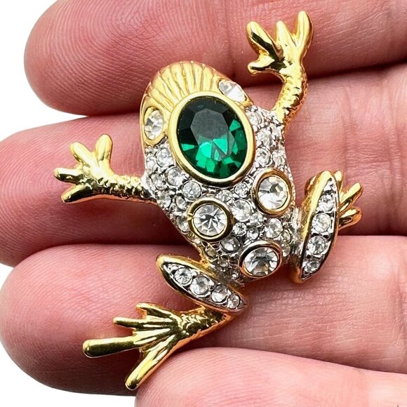 Unsigned Spinx Womens Pin Gold Tone Green Clear Rhinestone Frog Brooch - Picture 1 of 5